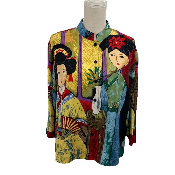 Chico's Tops - Chico’s Design Shirt 100% Silk Oriental Geisha Button Up Blouse Size Large Art